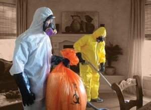 biohazard cleanup services in hazmat suits